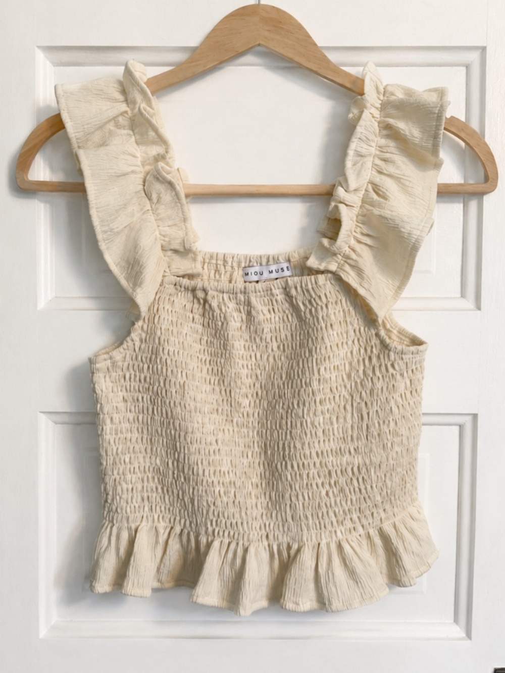 Cream Smocked Ruffle Strap Crop Top Size M